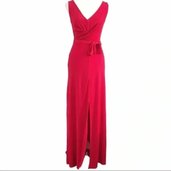 BCBGMAXAZRIA RED LONG EVENING DRAPED BELTED SLEEVELESS FLOWY DRESS - XXS - Picture 4 of 7